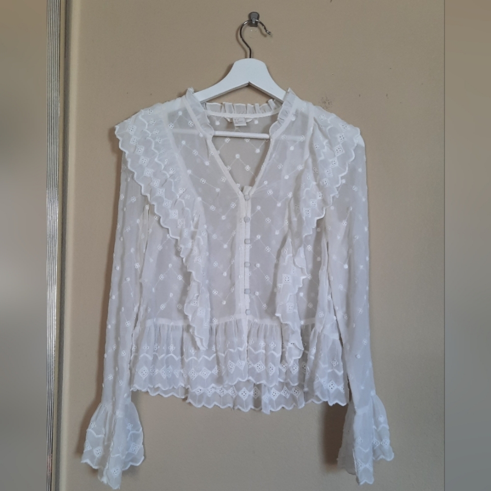 H&M Sheer Off- White Lace Blouse Button Front Victorian Pirate Elegant Sheer